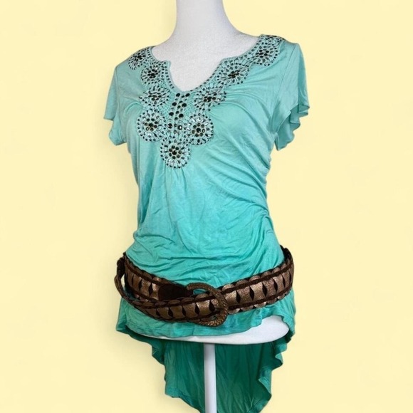 Vintage Y2K One World Beaded Neckline Asymmetrical Hem Blue Ombré Boho Glam - Picture 1 of 7